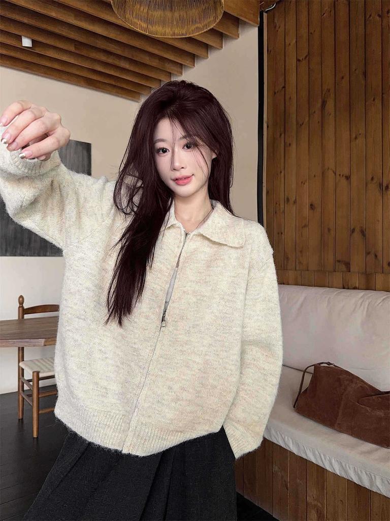 Универсальный трикотажный кардиган для通勤, женский осенне-зимний на молнии с воротником поло, многослойный повседневный свитер-жакет