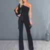 Summer Spring Women Jumpsuit One Shoulder Single Split Sleeve Lace-up Tight Waist Wide Leg Pure Color Formal Style Party Prom Banquet Long Jumpsuit