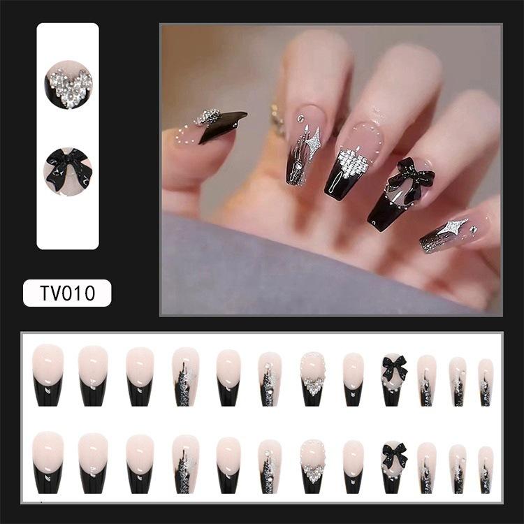 24 шт. средних накладных ногтей квадратные 3D камелия черный галстук-бабочка дизайн ногтей французский