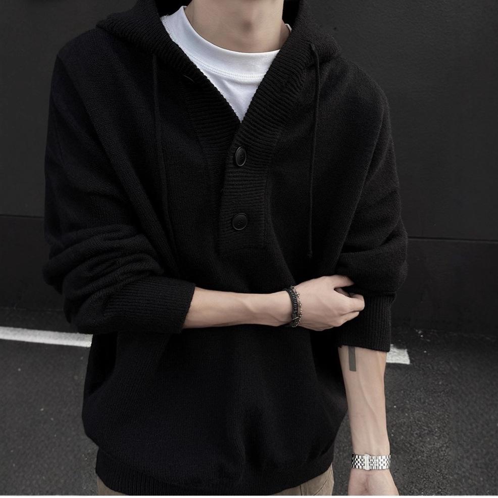 Men's Gray Hooded Knit Sweater - Retro Loose Fit Casual Autumn/Winter Outerwear