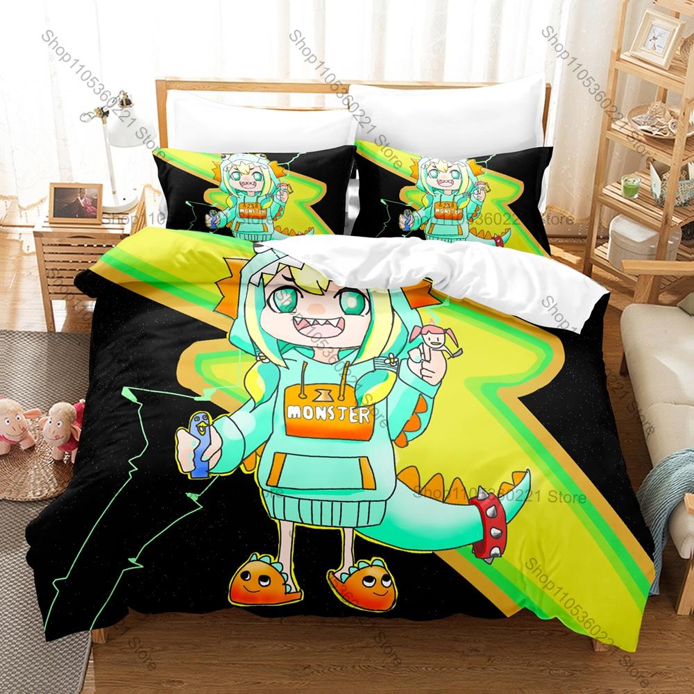 Cool Pikamee Amano Duvet Cover + 2 Pillowcases, VTuber Anime Print Bedding Set Soft Bed Linen for Fans Bedroom Decor