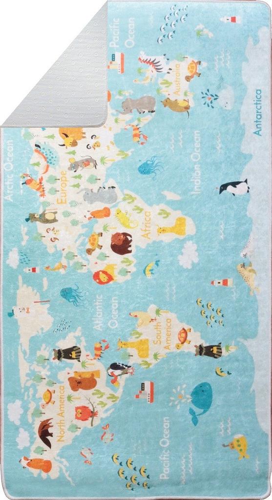 Tapis chambre enfant 100x160 cm Polyester Monde Bleu