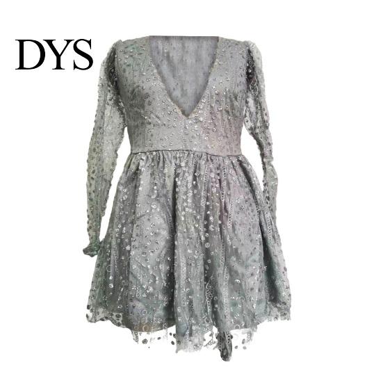 Evening Wear Short Dress Deep V Neck Sequin See-through Mesh A-line Mini Women Long Lantern Sleeves Prom Cocktail Party Sparkling Bead Embellished