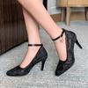 Sexy Lace High Heels Shoes Woman Elegant Straps Black Blue Mesh Pumps Shoe Black Gray Heeled Party Office Shoes Lady Big Size 48