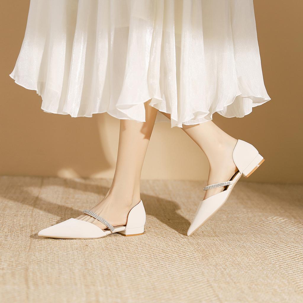 238-1 French Pointed Hollow Low-heeled Single Shoes, New Xiaoxiangfeng Word with Rhinestone Chain Flat-soled Single Shoes Women