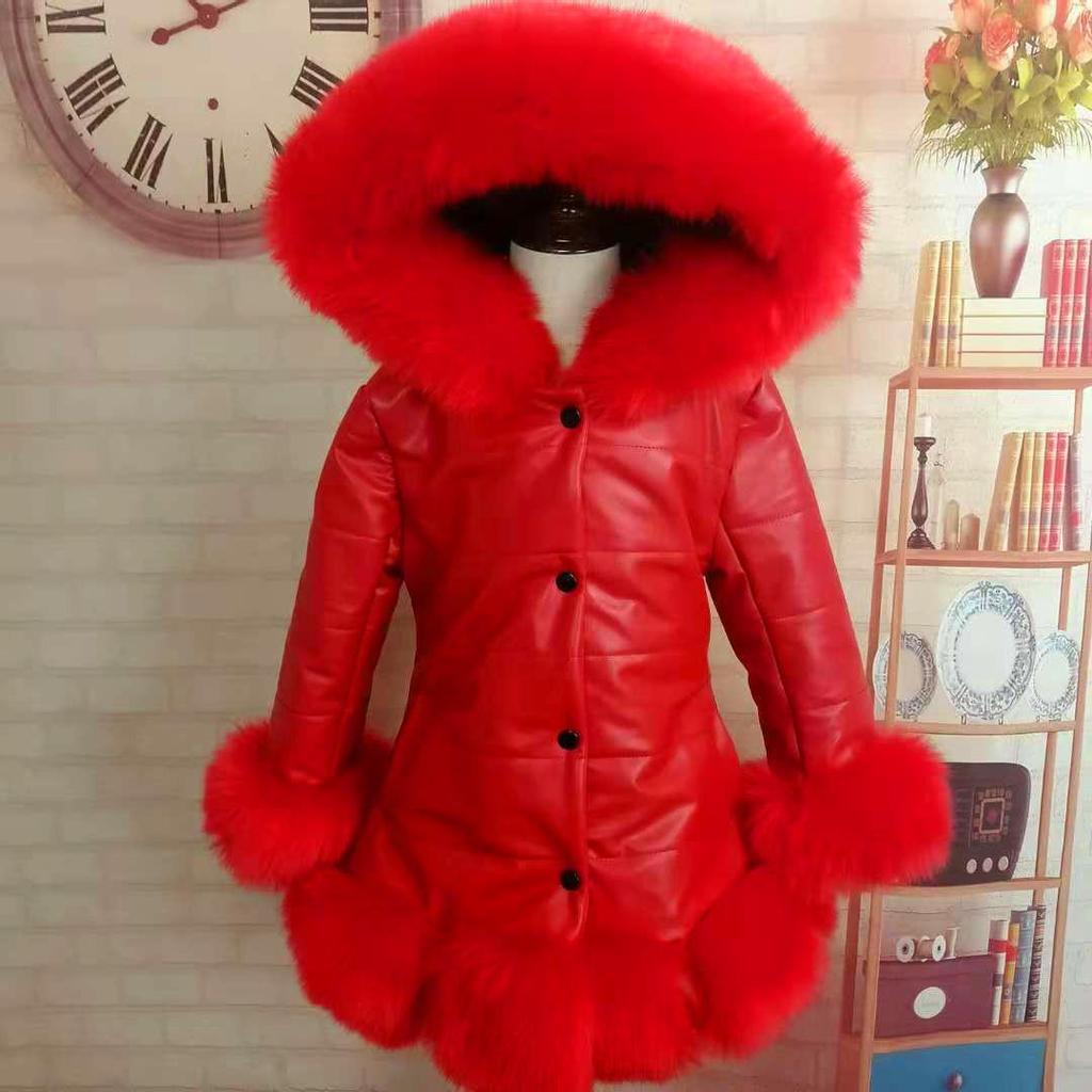 YUBAOBEI Christmas Winter Thick Warm Girls Leather Jacket Kids Soild Color Plush Stand Collar Hooded Coat
