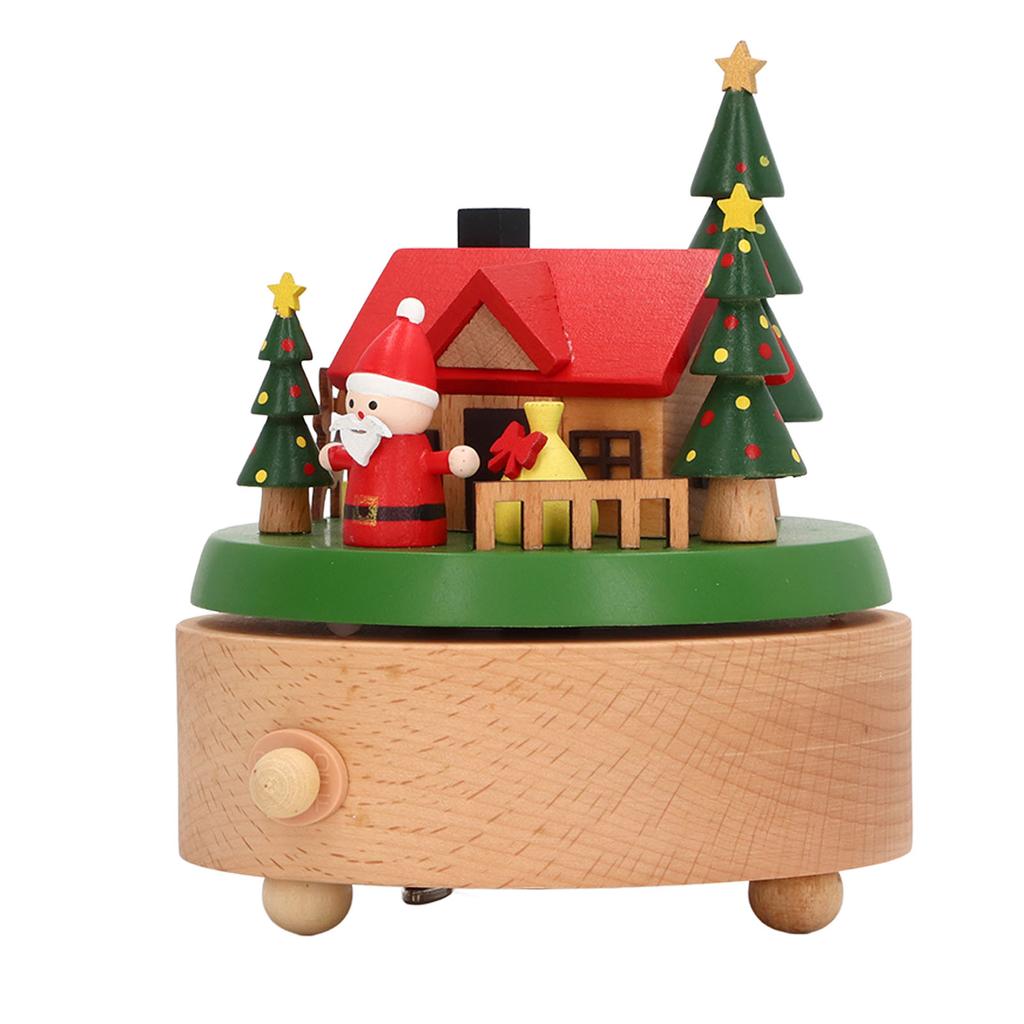 Wooden Rotating Music Box Round Bottom Santa House Christmas Music Box for Decoration Wooden Round