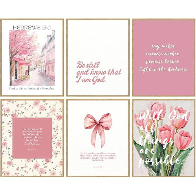 Pink Bible Verse Wall Art Set of 6 Religious Preppy Wall Decor Christian Floral Room Decor for Girls Scripture Cute Posters for Bedroom Christian