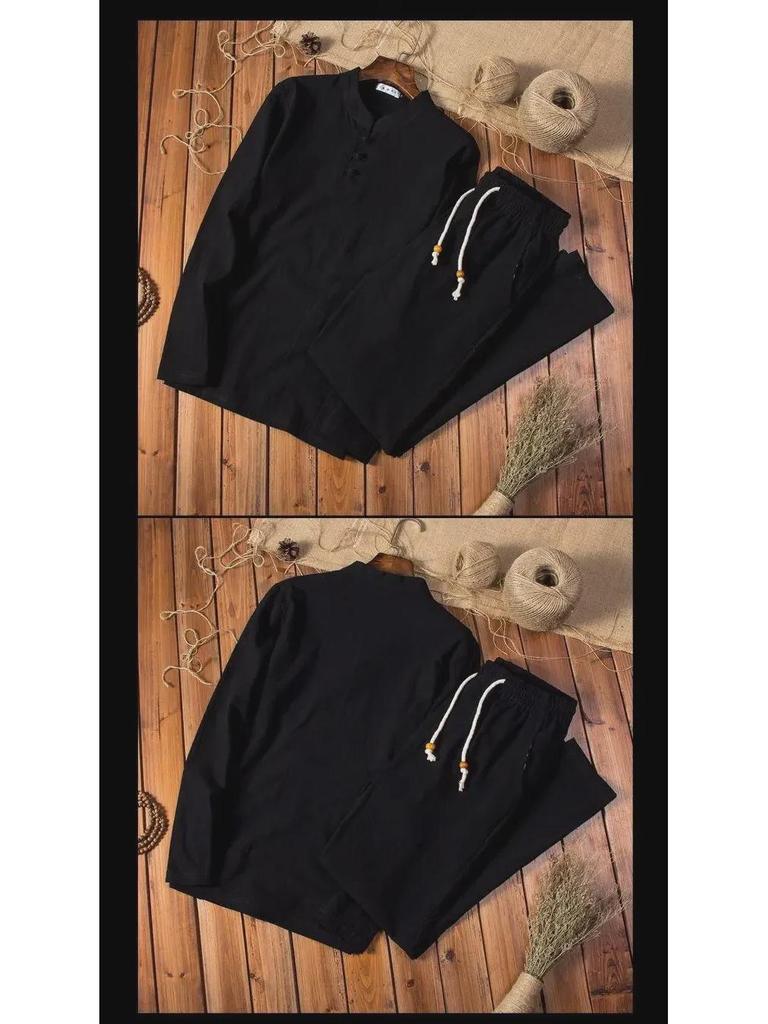 Мужской льняной костюм в китайском стиле: Летний комплект из двух предметов с футболкой с длинными рукавами, смесь хлопка и льна.