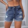 Джинсовые шорты с завышенной талией и рваным декором для женщин - Европейская и американская мода с подвернутыми манжетами