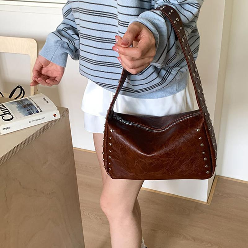 Винтажная однотонная сумка-подмышка с заклепками для женщин, легкая портативная сумка через плечо из ПУ кожи для путешествий, пляжа и повседневных выходов KTY