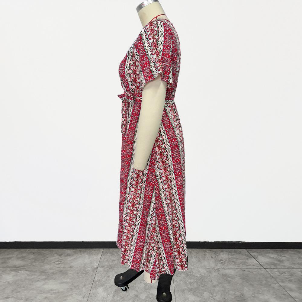 Summer Women's Dress Large Size Ethnic Style Striped Print Round Neck Short-sleeved Dress