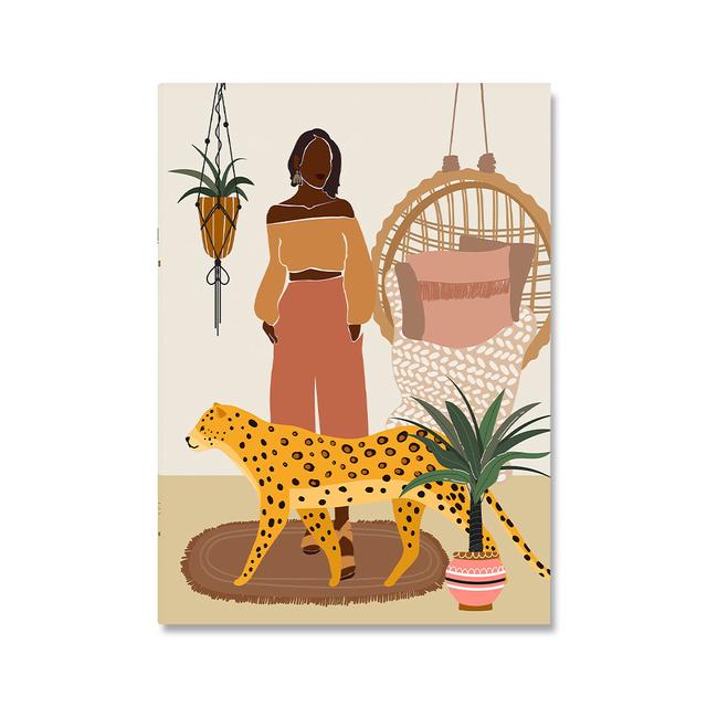 Рамка из цельного дерева Афро-Американский женский принт в стиле бохо Черная девушка Плакат Джунгли Леди Холст Картина Растение Animail Настенная картина Декор в гостиную