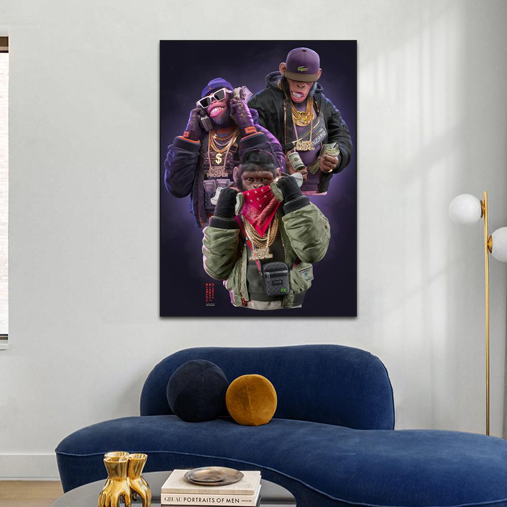 Богатые деньги, хип-хоп, горилла, плакат с принтом, крутая маска, солнцезащитные очки, обезьяна, холст, картина, забавное настенное художественное украшение в гостиной