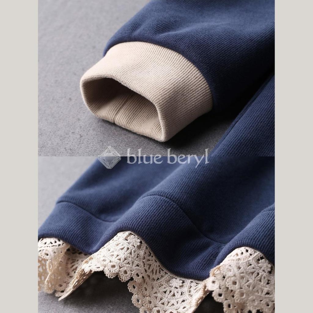 Худи женское из длинного флиса с кружевом цвета голубого берилла, свободного кроя [Ограниченный запас], Пуловер, Низ, Рукава, Подкладка, Посадка, Голубой, BB028-BL-S