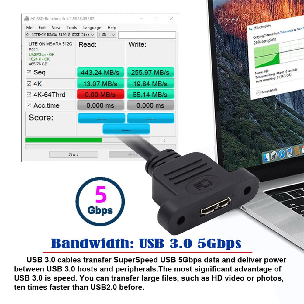 Кабель cablecc 5 Гбит/с Micro USB папа - Micro USB мама, крепление на винтах, удлинитель 50 см 3.0 3.0 кабель Type-B,