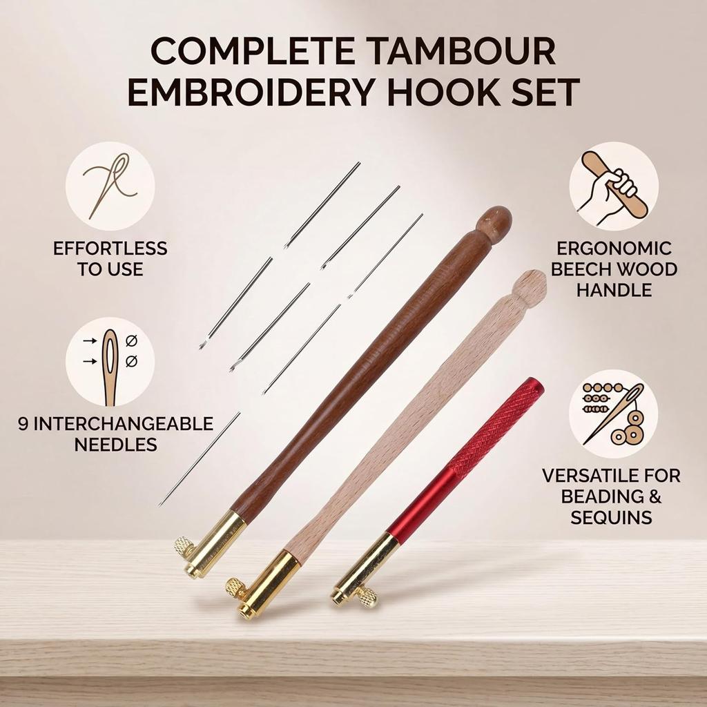 Hooks, 3Pcs French Beading Hook Needle Set for Hand Embroidery with 9 Needles for Sequins and Beads Craft Sewing Tools for Beginners and Professionals