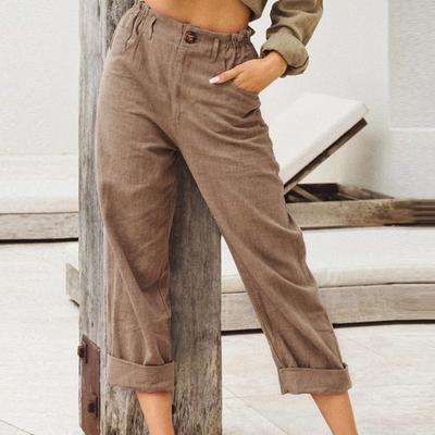 Женские укороченные брюки с эластичным поясом Льняные брюки Свободные брюки 3/4 Хлопковые низы Уличная одежда