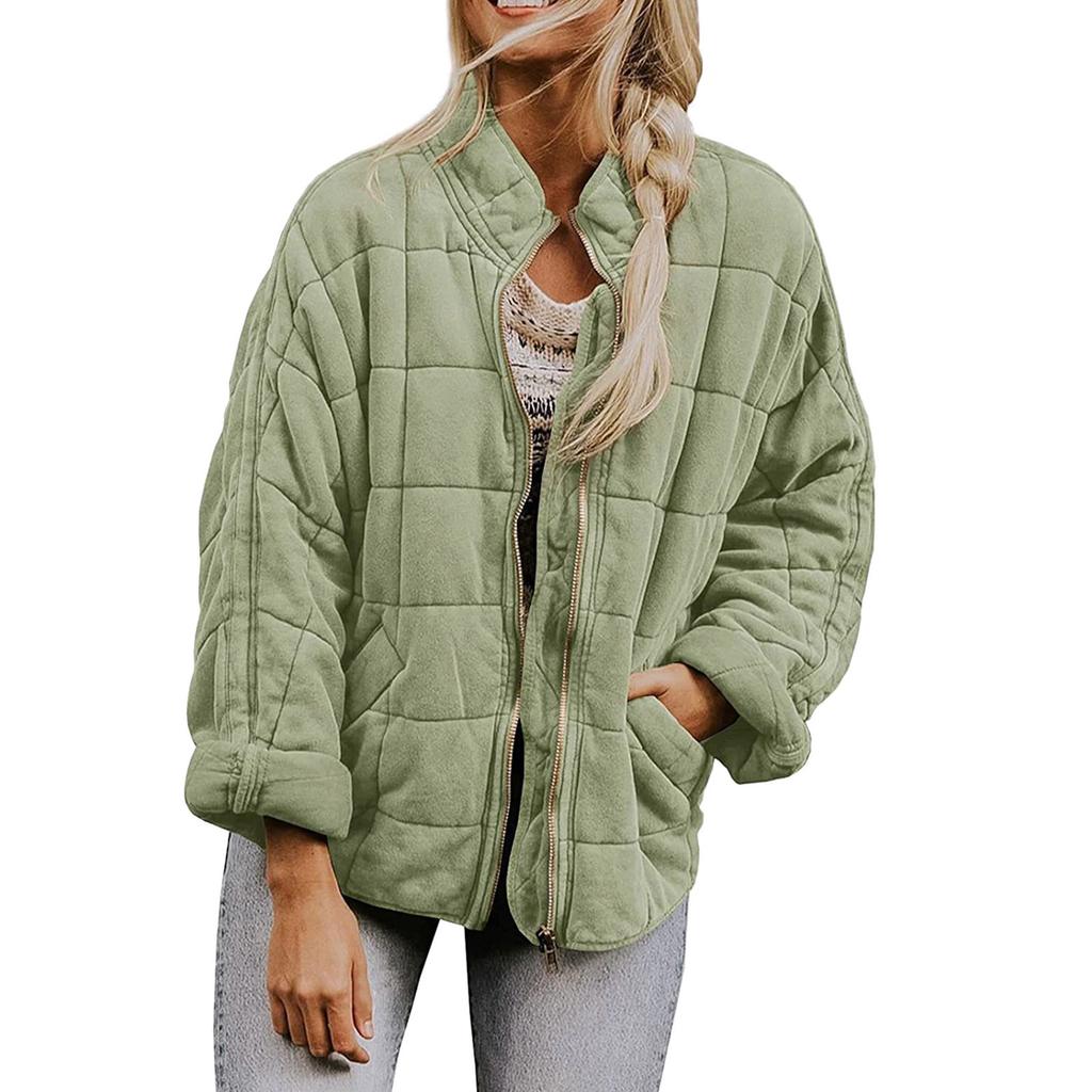 Women's Fashion Solid Color Stand Collar Cotton-Padded Jacket Loose Pocket Long Sleeve  Coat