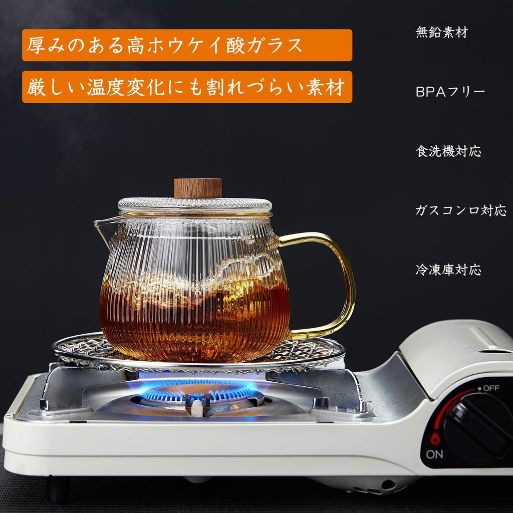 Pokaro Tea Melon Teapot, Heat-Resistant Glass, Heat-Resistant (170°C), Microwave-Safe, 570ml, with Tea Strainer and Lid, Wooden Knob, Suitable for