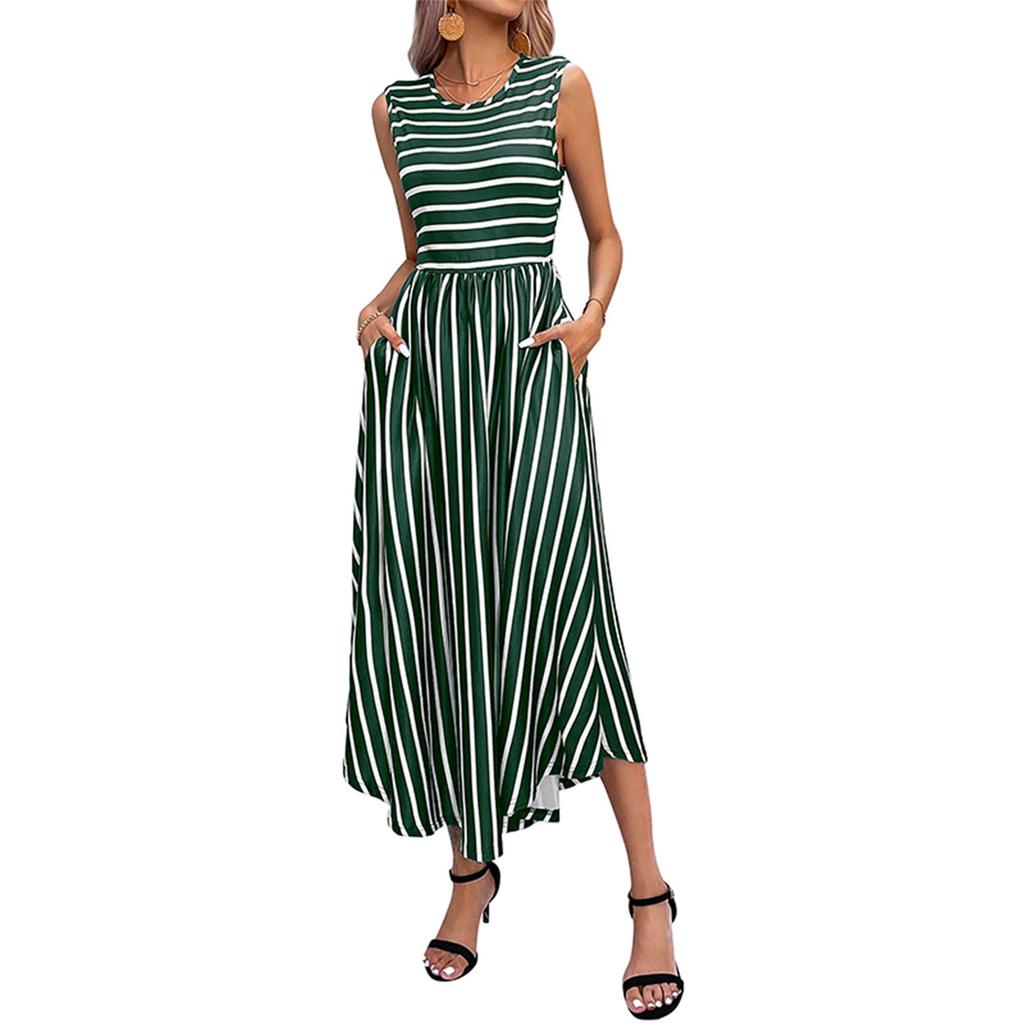 Женское платье повседневное с круглым вырезом в полоску без рукавов