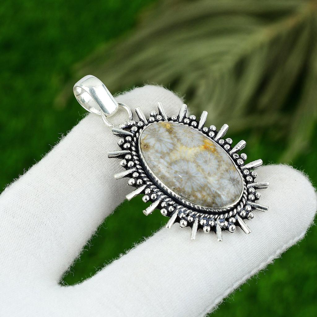 Oval Natural Fossil Coral 925 Sterling Silver Engagement Bezel Pendant Jewelry