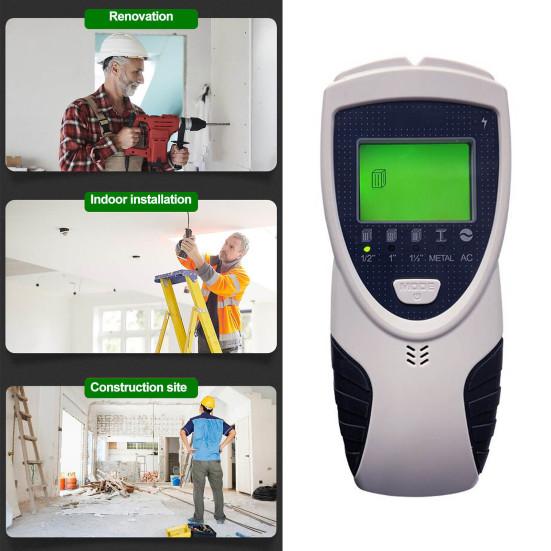 Настенный детектор 5 в 1. Поиск шпилек с обнаружением проводов под напряжением переменного тока. Дисплей с подсветкой. 5 режимов. 3 глубины. Металлический деревянный кабельный трекер.