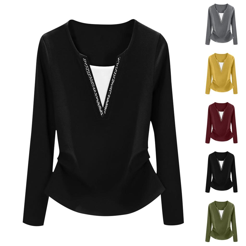Ladies' Casual Fashion Fake Two-piece Long Sleeved Base Shirt With Rhinestone Hot Stamping T-shirt Plus Size Top