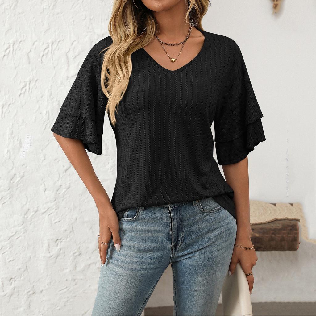 Women's Fashion Solid Color V-Neck Ruffle Sleeve Short Sleeve T-Shirt Top