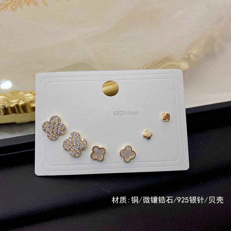 Minimalist Stud Earrings Set 3 Pairs Gold Tone CZ Geometric Floral Design Women Daily Wear