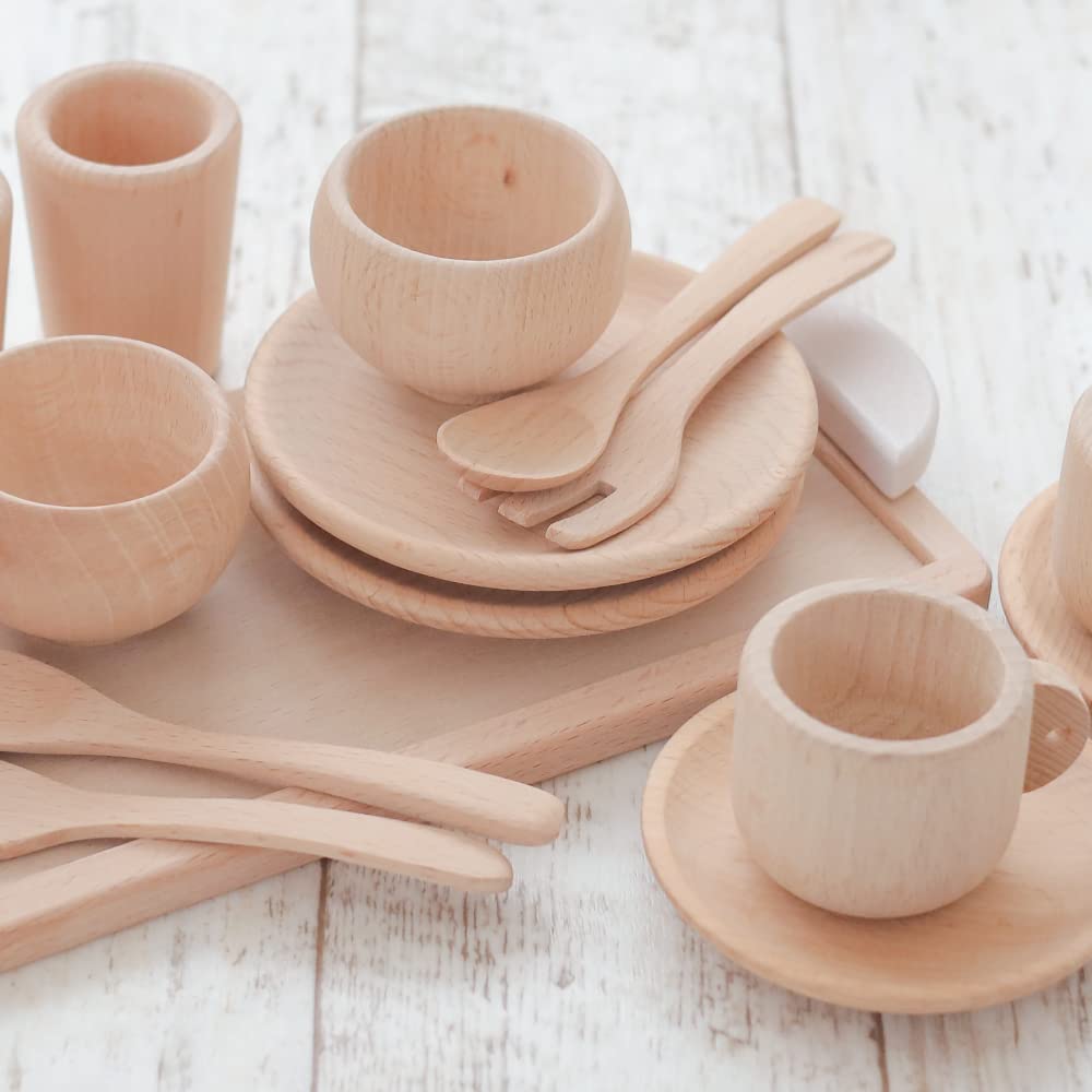 Wooden Toy Daiwa Mini Tableware Set Wooden Toy Tea Set Tea Party Wooden Tableware Wooden Tableware Set Play House Play Kitchen Play Set (White)