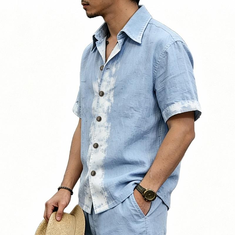 Men Ink Wash Brushstroke Print Lapel Full Button Short Sleeve Casual Shirt