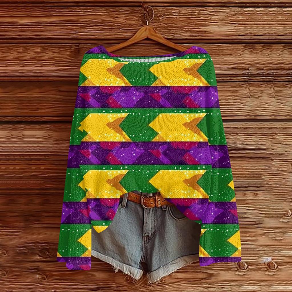 Women's Casual Fashion Round Neck Top Carnival Print Long Sleeve Knit Pullover