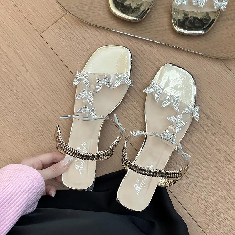 Fashion Butterfly Mary Jane Shoes Spring and Summer New Waterproof Table Transparent Crystal High Heel Thick Heel Flower Roman Women's Sandals