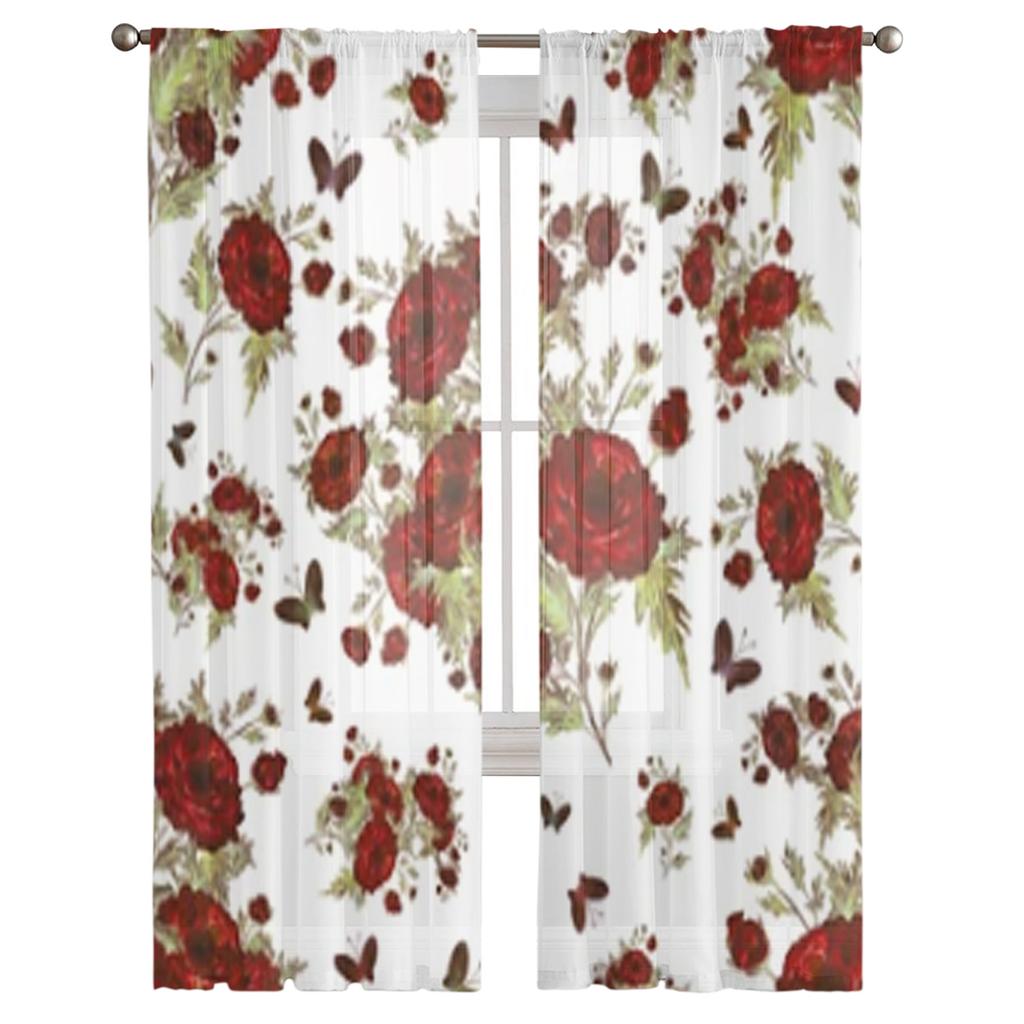 Roses And Butterflies Sheer Curtains For Living Room Window Transparent Voile Tulle Curtain Bedroom Drapes