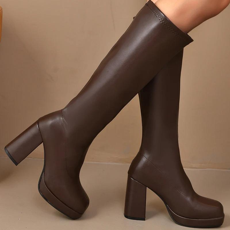 Платформа Высокий каблук Женские Современные Сапоги Модные Сапожки до колена Лаконичные Длинные Ботас Де Мухер