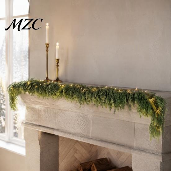 Decorative Garland for Holiday Parties Pre-Lit Artificial Christmas Decoration, Real Touch Cedar Cypress Pine Greenery with Decor LED Light