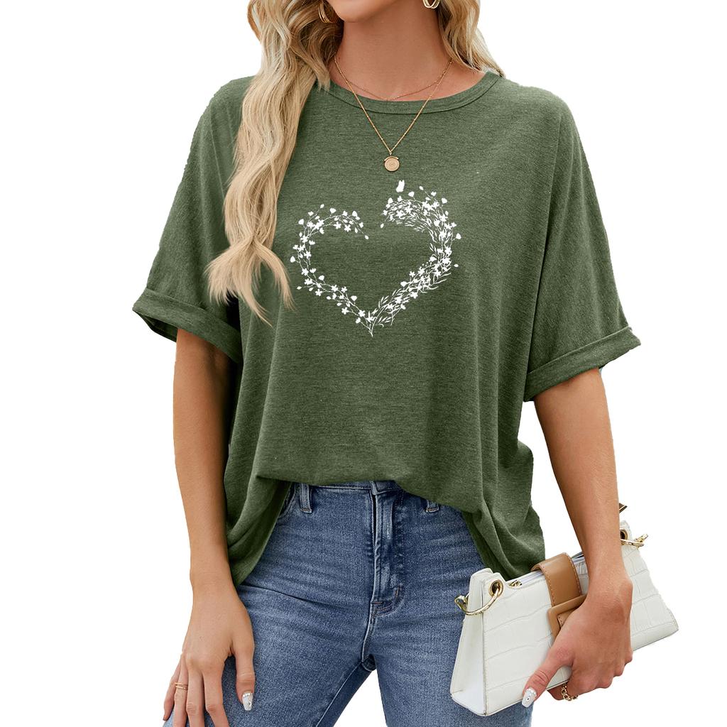 Women Fashion Plus Size Print Tees Summer Casual Round Neck Short Sleeve Top Pullover Loose T-shirt
