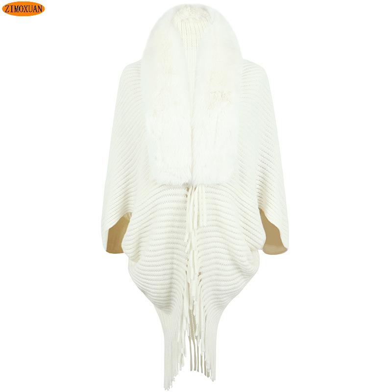 ZIMOXUAN Новое поступление, женская повседневная вязаная накидка с меховым воротником и шалью с кисточками