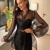 Sexy Mesh Perspective Cardigan Tops With Sashes Women Puff Sleeve Party Blouses Lace Up Thin Female Shirts