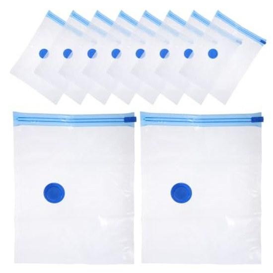 No-brand item 10 travel vacuum compression bags ideal storing clothes bulky items. Made thick multi-layer plastic material transparent reusable pack