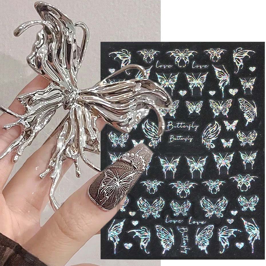 Лазерные наклейки для ногтей, бабочка, сердце, звезда, дизайн, клейкие слайдеры, наклейки для дизайна ногтей, маникюрные украшения