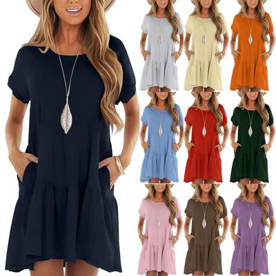 Женские модные повседневные платья с круглым вырезом и коротким рукавом с оборками