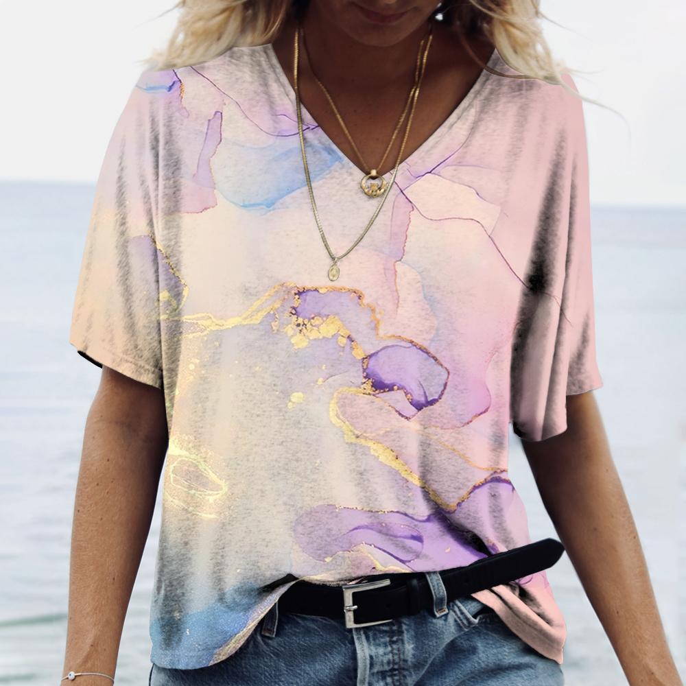Женская футболка с 3D принтом и градиентом, одежда для девочек, блузка большого размера с v-образным вырезом, летний пуловер в стиле Харадзюку с короткими рукавами, женские повседневные топы