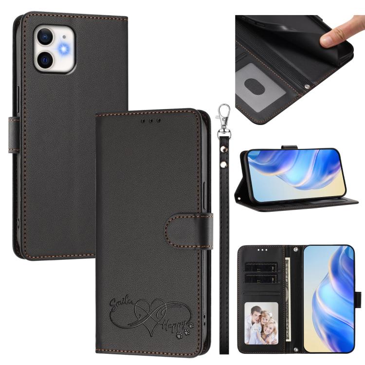 Happy Heart Pattern Magnetic Closure Vegan Leather Phone Case With Wrist Strap For iPhone Shockproof Protective Cover