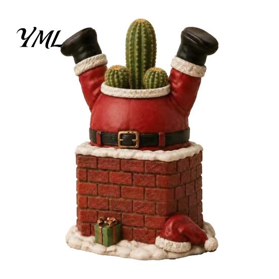 Winter Garden Decor Santa Claus in Smokestack Flower Pot Ornament, Resin Decorative Plant Durable Succulent Planter Container, Small for Holiday
