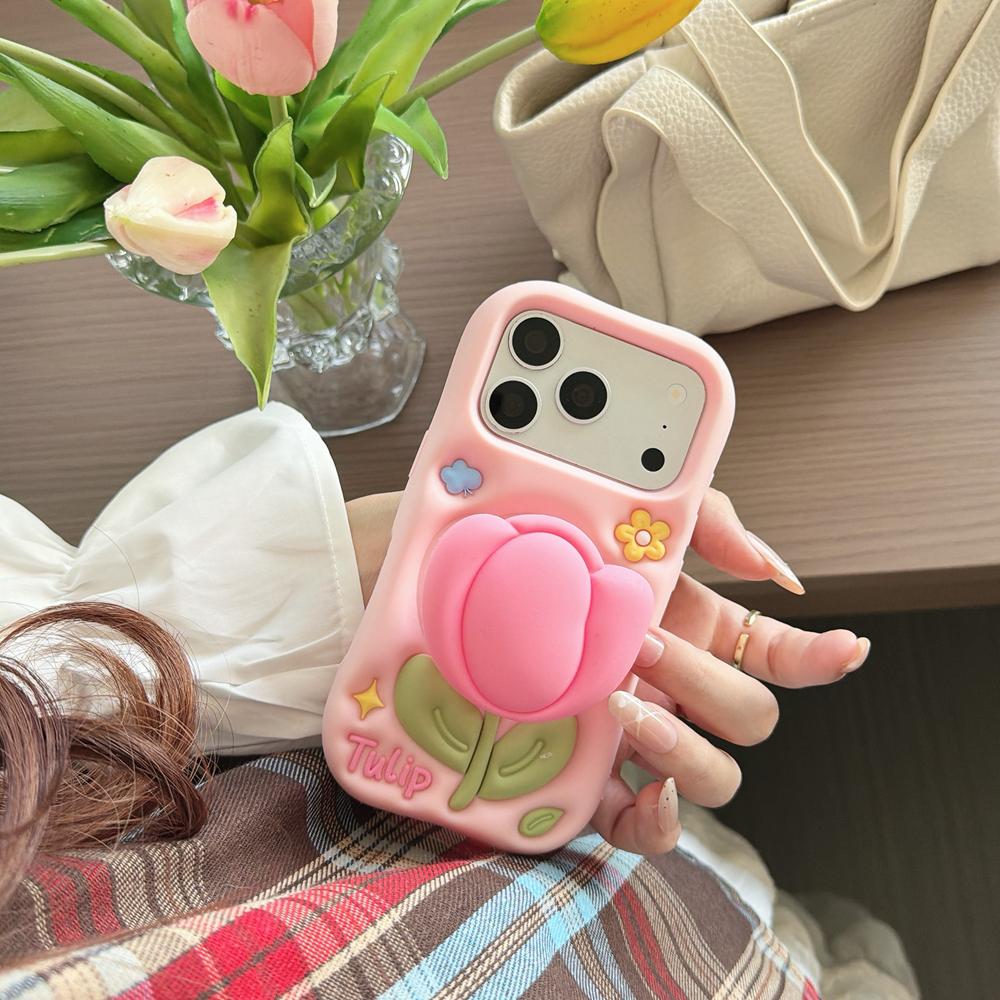 KEYSION Милый мультяшный 3D цветок тюльпана чехол для телефона для iPhone 13 14 15 16 17 Pro Max Мягкий силиконовый подставка-ножка Ударопрочная задняя крышка