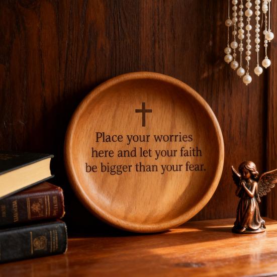 Wooden Prayer Bowl Farmhouse Rustic Handcrafted Bible Verses Faith Bowl Round Decorative Scripture Blessing