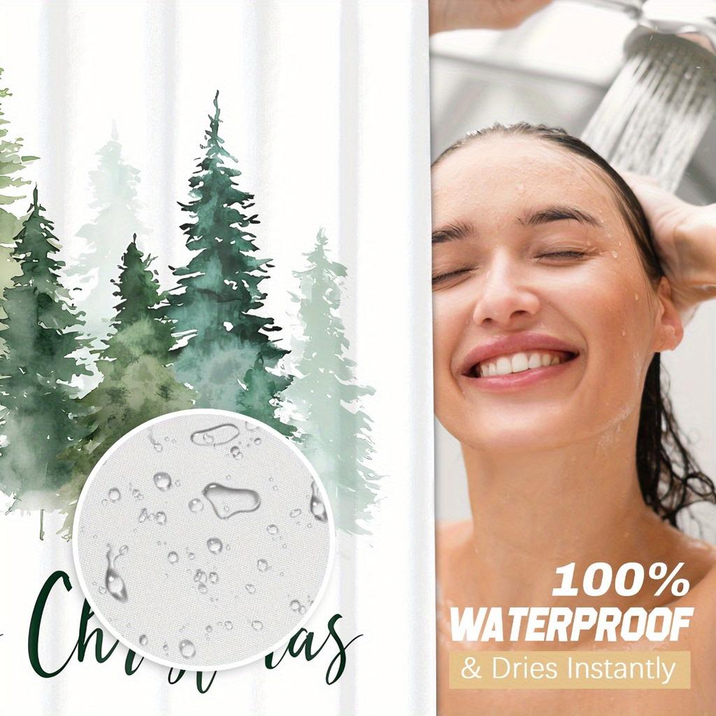 Набор из 4 предметов: Занавеска для душа для ванной комнаты с рисунком рождественских елок, Занавеска для ванной с 12 крючками, Нескользящие коврики, Коврик для крышки унитаза, Перегородка для ванной комнаты