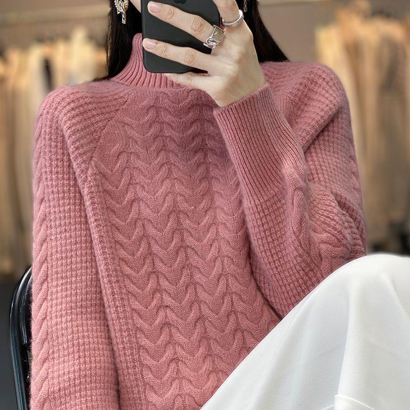 Solid Turtle Neck Cable Knit Sweater, Elegant Long Sleeve Wool Pullover Sweater, Women's Clothing